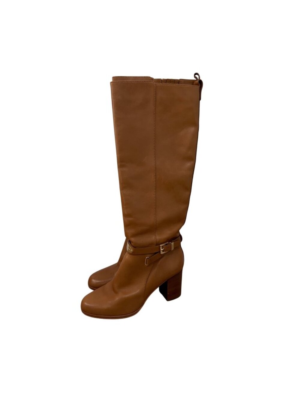 Michael Kors Brown Leather Knee-High Boots Gold Buckle Detail Block Heel Sz 7.5M